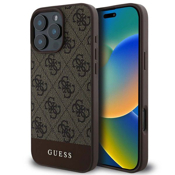 Guess Bottom Stripe 4G Back Cover für das iPhone 16 Pro - Braun