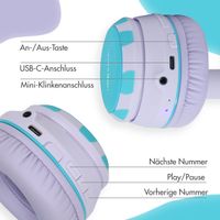 imoshion Kabellose Kinderkopfhörer Unicorn LED Light - Dezibelbegrenzer - Mit AUX-Kabel - Lavender Lilac / Soft Blue