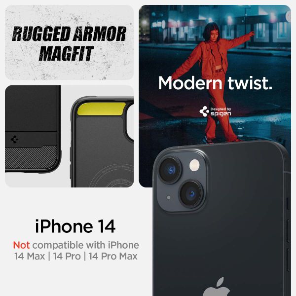 Spigen Rugged Armor Backcover MagSafe für das iPhone 14 - Schwarz