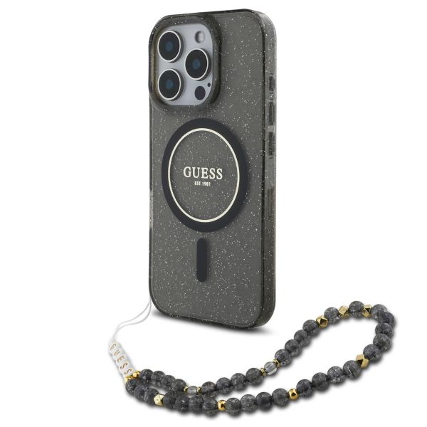 Guess MagSafe IML Glitter Case mit Beads Strap für das iPhone 16 Pro Max - Black