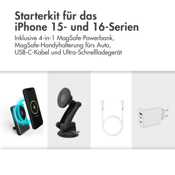 imoshion 4-in-1 MagSafe Powerbank + Accezz Auto-Handyhalter MagSafe + Accezz USB-C auf USB-C Kabel + Accezz Ultra-Schnell-Wandladegerät - Starterkit für das iPhone 15 Serie / iPhone 16 Serie