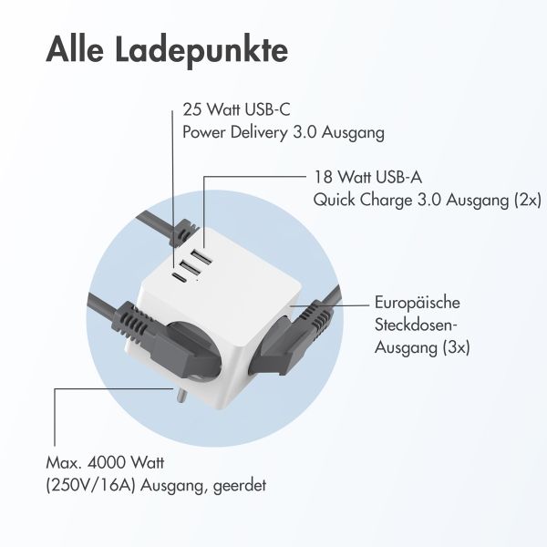 Accezz PowerCube | 6-in-1 - 1x USB-C + 2x USB-A + 3x Steckdose - 4000 Watt - Weiß