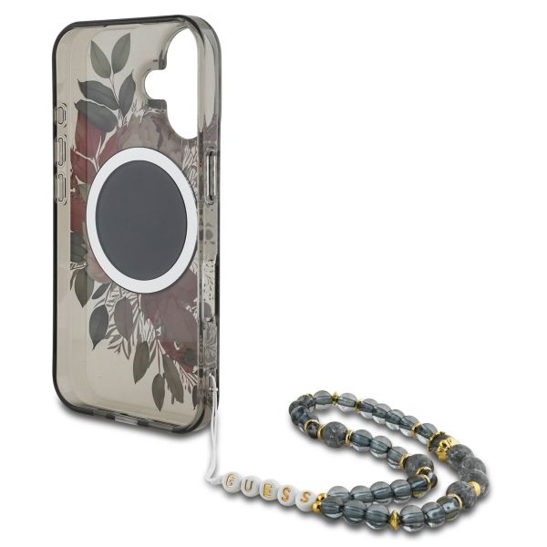 Guess MagSafe IML Flowers Case mit Beads Strap Apple iPhone 16 - Schwarz