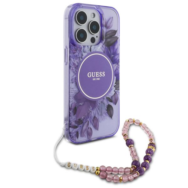 Guess MagSafe IML Flowers Case mit Beads Strap Apple iPhone 15 Pro Max - Purple