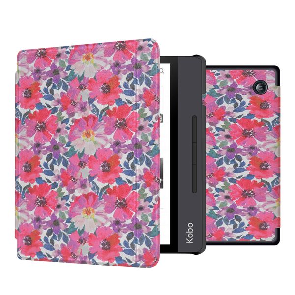 imoshion Design Slim Hard Case Sleepcover mit Stand für das Kobo Libra H2O - Flower Watercolor