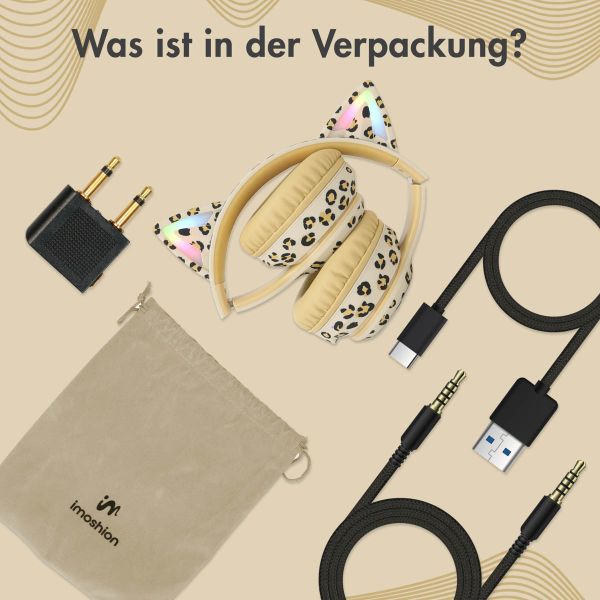 imoshion Special Edition - Kabellose Kinderkopfhörer mit Leopardenmuster LED Light Cat Ear - Dezibelbegrenzer - Mit AUX-kabel - Leopard