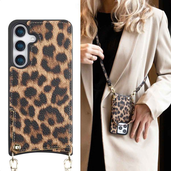 Selencia Nova Handyhülle mit Kordel und Kartenhalter Samsung Galaxy S25 - Leopard