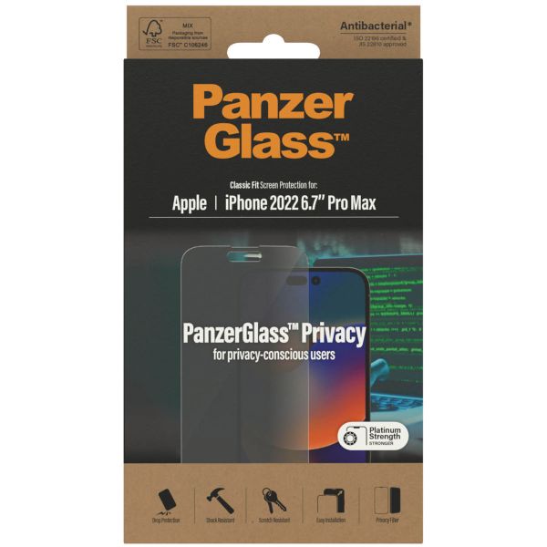 PanzerGlass Privacy Case Friendly Anti-Bacterial Displayschutzfolie für das Apple iPhone 14 Pro Max