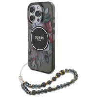 Guess MagSafe IML Flowers Case mit Beads Strap Apple iPhone 16 Pro - Schwarz