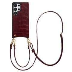 Selencia Nova Croco HandyHülle mit Kordel und Kartenhalter Samsung Galaxy S25 Ultra - Burgundy
