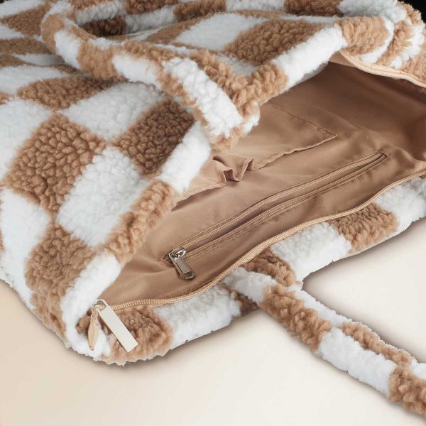 Selencia Zaya Tote Bag - Teddy Laptoptasche 16 Zoll - Checkered Beige