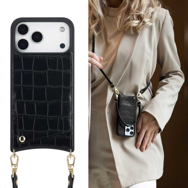 Selencia Nova Croco HandyHülle mit Kordel und Kartenhalter Apple iPhone 17 Pro Max - Schwarz