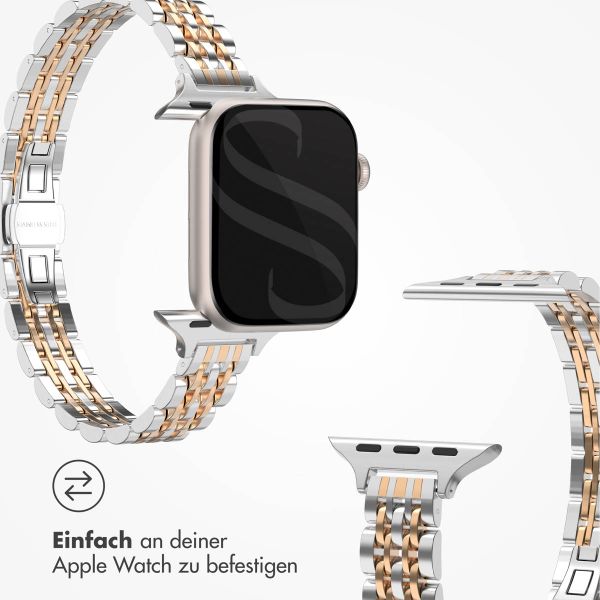 Selencia Jubilee inspiriertes schmales Edelstahlarmband für Apple Watch Series 1 t/m 9 / SE (38/40/41 mm) | Series 10 / 11 (42 mm) - Zilver & Rosé Goud / Silver & Rose Gold