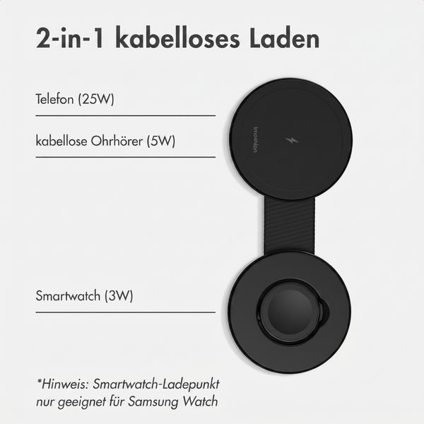 imoshion 2-in-1 kabelloses Reiseladegerät 25 W - Smartphone / Ohrhörer / Samsung Watch - Qi2.2 – Schwarz