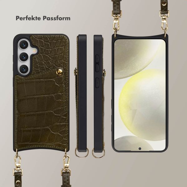 Selencia Nova Croco HandyHülle mit Kordel und Kartenhalter Samsung Galaxy S24 / S25 - Dark Olive
