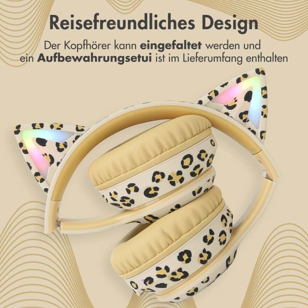 imoshion Special Edition - Kabellose Kinderkopfhörer mit Leopardenmuster LED Light Cat Ear - Dezibelbegrenzer - Mit AUX-kabel - Leopard
