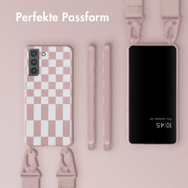 Selencia Silikonhülle design mit abnehmbarem Band für das Samsung Galaxy S21 FE - Irregular Check Sand Pink