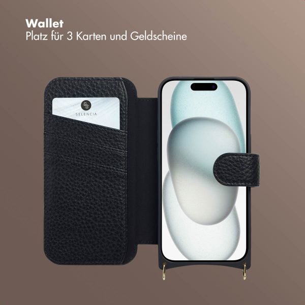 Selencia Riva Bookcase mit MagSafe und Handgelenkband Apple iPhone 15 - Schwarz