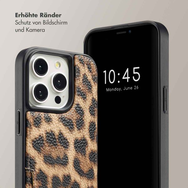 Selencia Nova Back Cover mit Kordel und Kartenhalter für das iPhone 15 Pro - Leopard