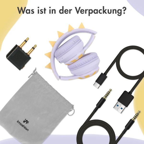 imoshion Kabellose Kinderkopfhörer Dino LED Light - Dezibelbegrenzer - Mit AUX-Kabel - Lavender Lilac / Yellow