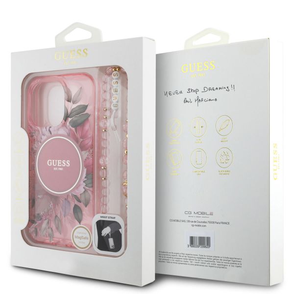 Guess MagSafe IML Flowers Case mit Beads Strap Apple iPhone 15 Pro Max - Pink