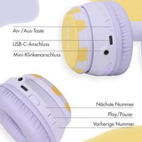 imoshion Kids Dino Bluetooth-Kopfhörer - Kinderkopfhörer mit Dezibelbegrenzer - Drahtloser Kopfhörer + AUX-Kabel - Lavender Lilac / Yellow