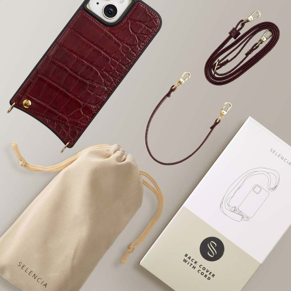 Selencia Nova Croco HandyHülle mit Kordel und Kartenhalter Apple iPhone 15 - Burgundy