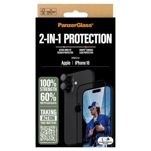 PanzerGlass 2-in-1 pack - Ultra-Wide Fit Anti-Bacterial Displayschutz incl. applicator + Camera Protector für das iPhone 16