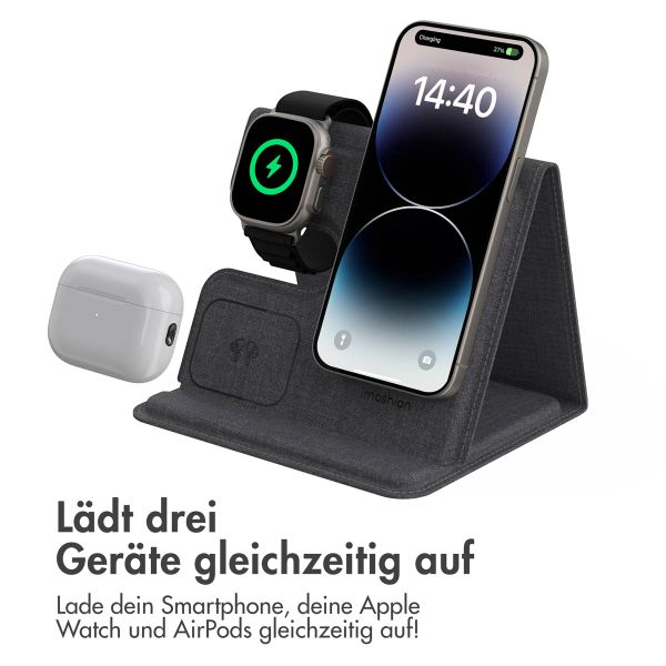 imoshion 3-in-1 Faltbares kabelloses Ladegerät für Apple | iPhone + AirPods + Apple Watch – Grau