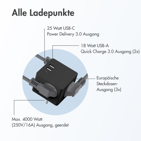 Accezz PowerCube | 6-in-1 - 1x USB-C + 2x USB-A + 3x Steckdose - 4000 Watt - Schwarz