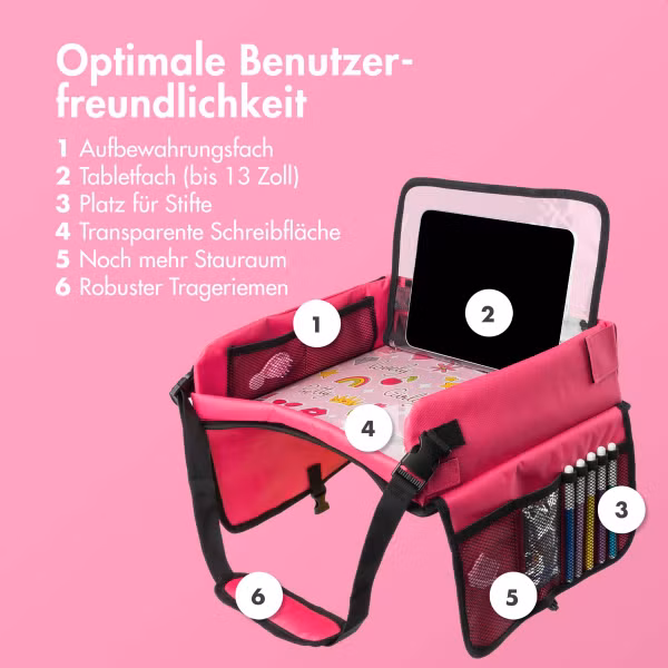 imoshion Reisetisch - Tablethalter Auto - 7 Aufbewahrungsfächer - Inklusive 2 Malvorlagen - Rosa