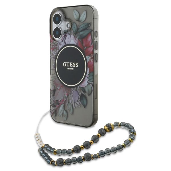 Guess MagSafe IML Flowers Case mit Beads Strap für das iPhone 16 - Black