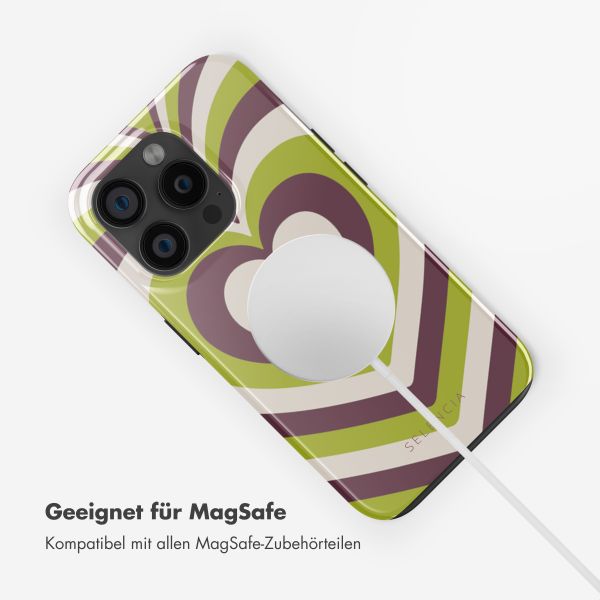 Selencia Vivid Tough Back Cover MagSafe für das iPhone 15 Pro - Double Hearts Plum Fern