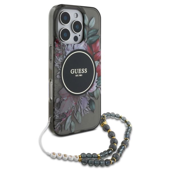 Guess MagSafe IML Flowers Case mit Beads Strap Apple iPhone 16 Pro - Schwarz