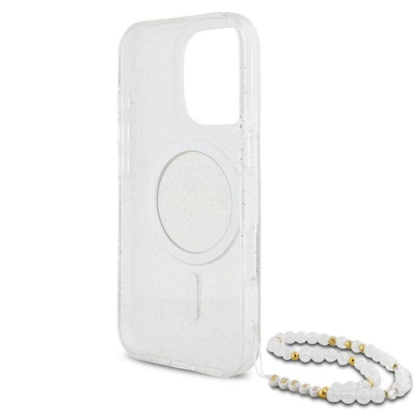 Guess MagSafe IML Glitter Case mit Beads Strap für das iPhone 16 Pro - Transparent