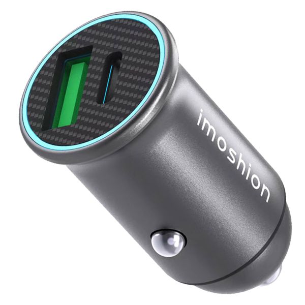 imoshion ﻿Mini-Autoladegerät - 2 Anschlüsse – USB-A–Schnellaufladung – USB-C-Stromversorgung - 60 Watt – Schwarz + Geflochtenes USB-C zu USB-C Kabel - 1 Meter - Schwarz