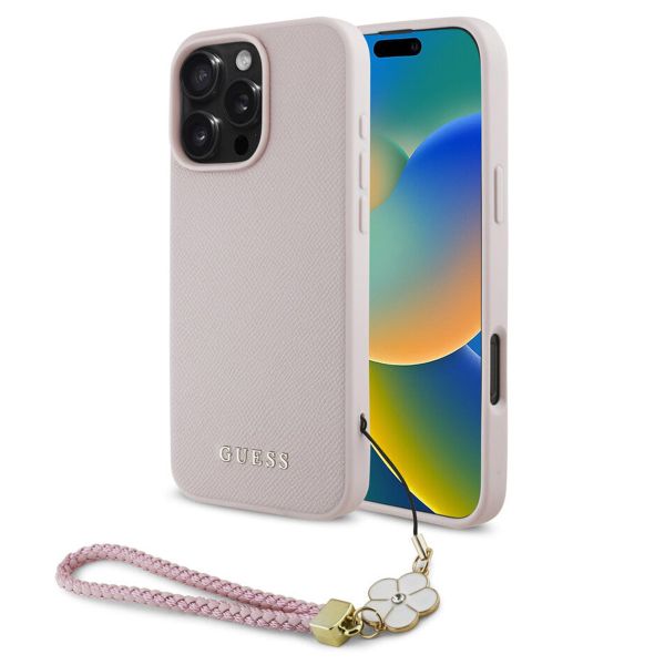 Guess Grained Back Cover MagSafe mit Flower Charm Strap Apple iPhone 16 Pro Max - Rosa