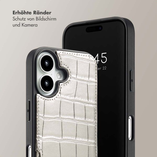 Selencia Nova Croco Back Cover mit Band und Kartenfach für das iPhone 16 - Silver