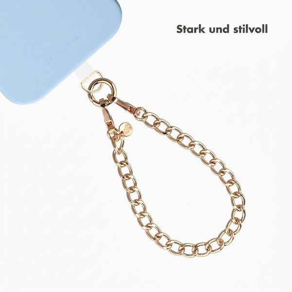 Selencia Rivièra MagSafe Backcover mit abnehmbaren Haken für das Apple iPhone 17 Pro - Powder Blue + Bold Chain Handykette - Gold