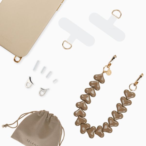 Selencia Rivièra MagSafe Backcover mit abnehmbaren Haken für das Apple iPhone 16 Pro Max - Milky Latte + Lova Handykette - Mocha Brown