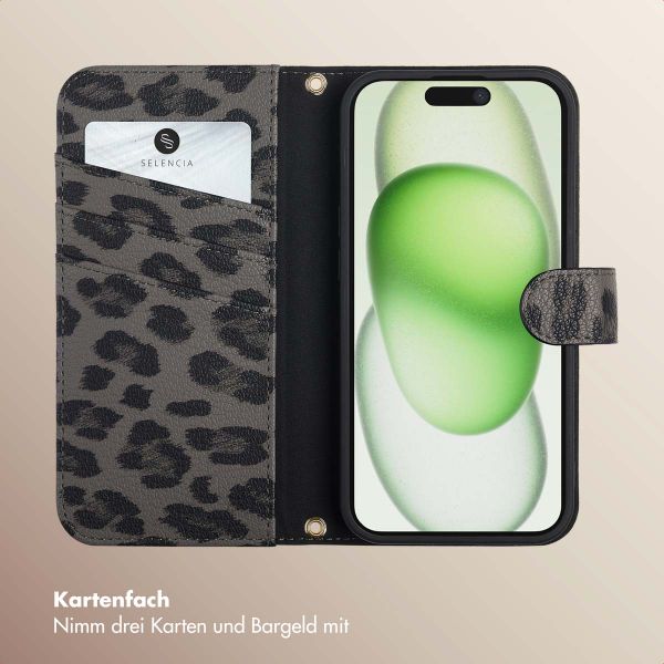 Selencia Sabi Klapphülle mit Leopardenmuster Apple iPhone 15 - Midnight Black