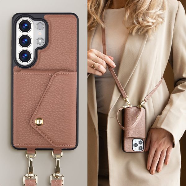 Selencia Sera HandyHülle mit Kordel und Umschlag-Kartenhalter Samsung Galaxy S26 Ultra - Old Pink