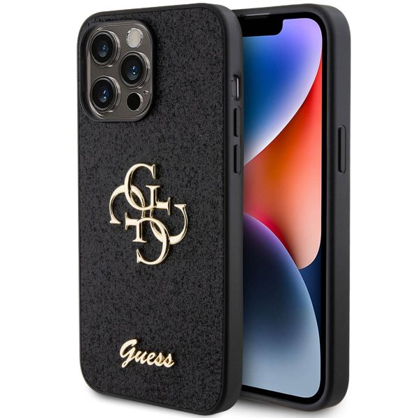 Guess 4G Metal Logo Back Cover mit Glitter für das iPhone 15 Pro Max - Schwarz