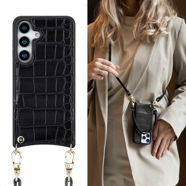 Selencia Nova Croco HandyHülle mit Kordel und Kartenhalter Samsung Galaxy S25 - Schwarz