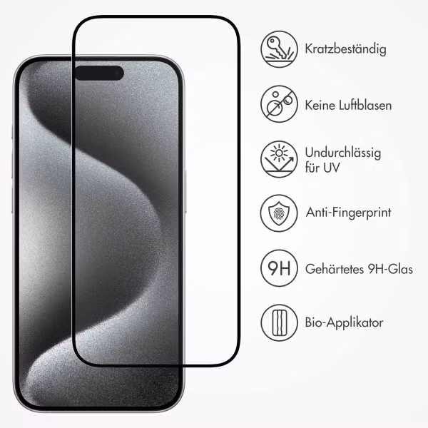 Accezz Vollflächige Schutzfolie aus gehärtetem Glas mit Applikator iPhone 15