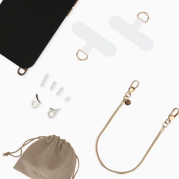 Selencia Rivièra MagSafe Backcover mit abnehmbaren Haken für das Apple iPhone 17 Pro - Velvet Black + Sleek Chain Handykette - Gold
