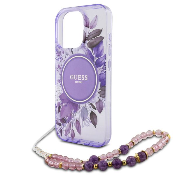 Guess MagSafe IML Flowers Case mit Beads Strap für das iPhone 15 Pro Max - Purple