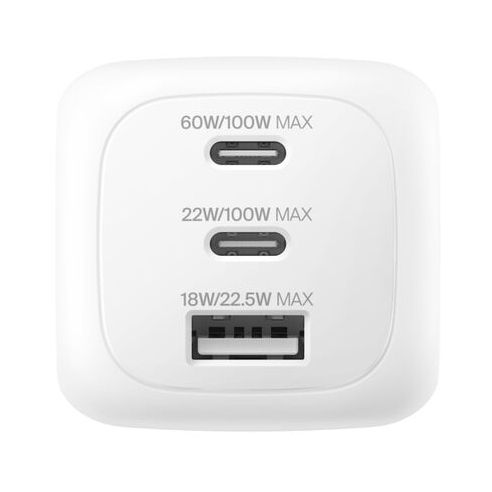 Belkin BoostCharge Pro 3-Port-GaN-Ladegerät 100 W mit Reiseadapter-Set - Weiß