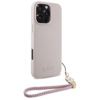 Guess Grained Back Cover MagSafe mit Flower Charm Strap Apple iPhone 16 Pro - Rosa