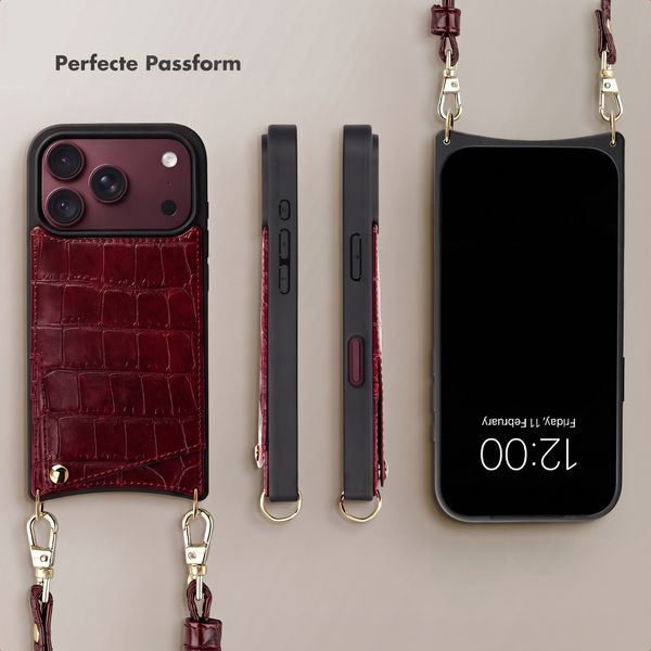 Selencia Nova Croco HandyHülle mit Kordel und Kartenhalter Apple iPhone 18 Pro Max / 17 Pro Max - Burgundy
